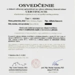 Profesionálne osvedčenie trénera plávania 1. stupňa udelené Mgr. Alžbete Kmecovej Univerzitou Komenského.