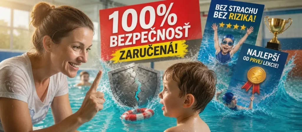 Zložitá kompozitná ilustrácia v bazéne, zobrazujúca plaveckú inštruktorku v mokrom bielom tričku, ktorá ukazuje varovný prst. V popredí sa na ňu pozerá mladý chlapec. Vodnú hladinu zapĺňajú plávajúce reklamné karty so slovenským textom. Kľúčové karty obsahujú text '100% BEZPEČNOSŤ ZARUČENÁ!' na oranžovom paneli, 'BEZ STRACHU BEZ RIZIKA!' a 'NAJLEPŠÍ OD PRVEJ LEKCIE!'. Ďalšie prvky zahŕňajú zlatú medailu a trofej, plávajúci záchranný kruh, prasknutý štít, chobotnicu s chápadlami okolo prasknutého štítu a postavu topiacej sa osoby v diaľke. Táto kompozícia spája nerealistické marketingové sľuby s potenciálnymi rizikami plávania.